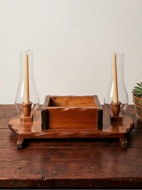 Rare Vintage Wooden Hurricane Candle Holder
